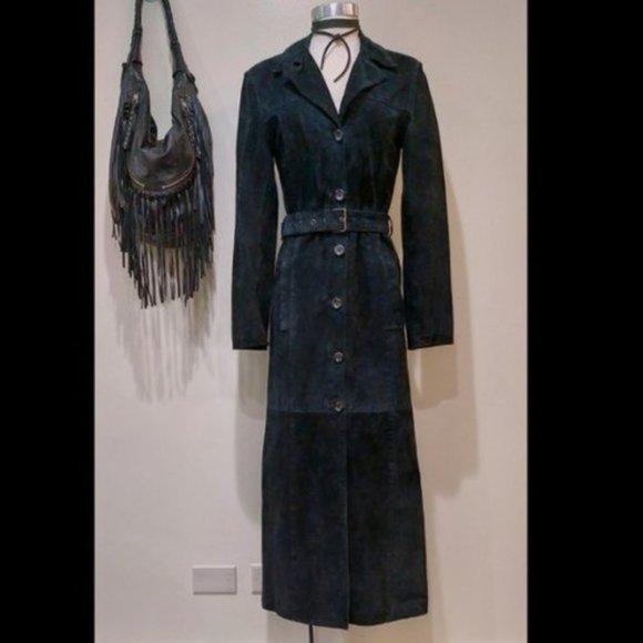 🍂HOST PICK🍁💋STUNNING BOHO CHIC💋 VTG 70s Genuine Leather Maxi Trench in Black - Picture 2 of 15